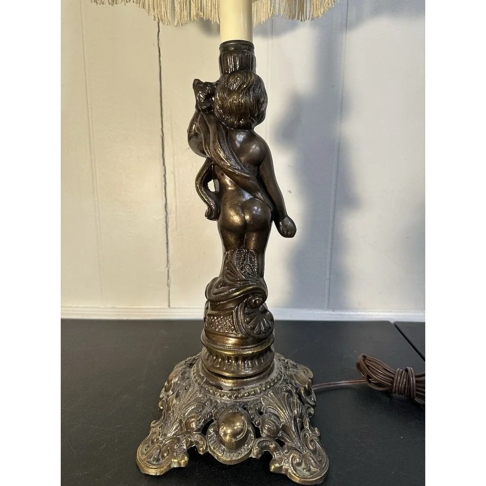 VTG Cast Metal Cherub Table Lamp Art Deco Style Wescal Hardware Fringe Shade 28